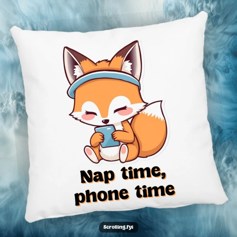 Funny pillow featuring a smiling fox happily absorbed in its mobile phone, perfect for tech-loving comfort.