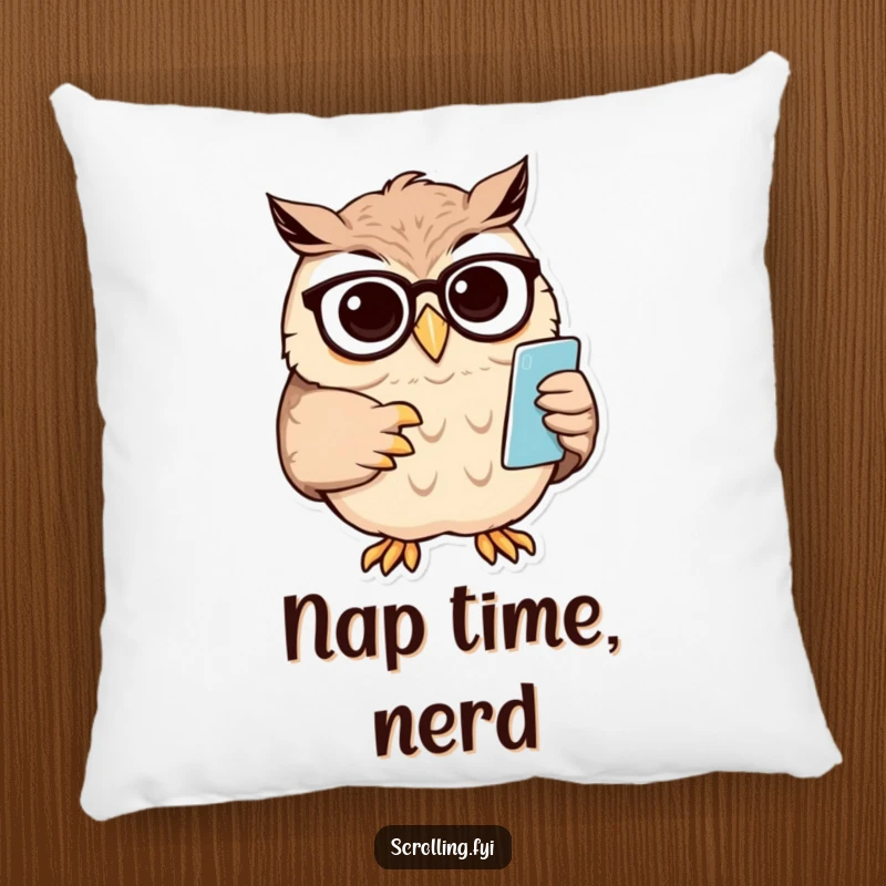 Funny owl pillow with a wise owl squinting at a phone, adjusting spectacles for a humorous decor touch.