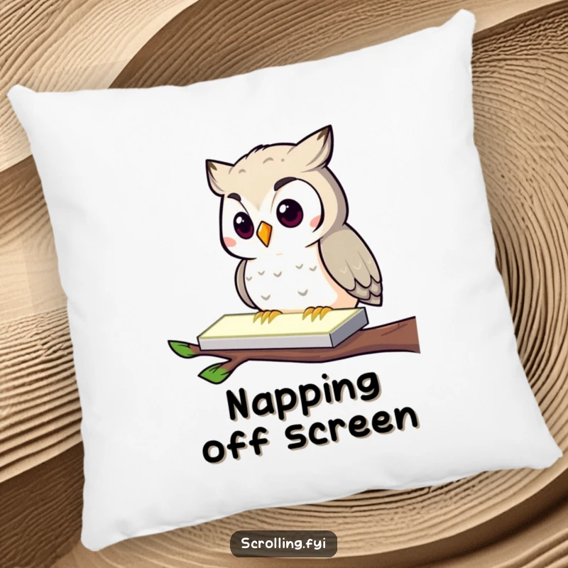 Funny Owl Pillow: A curious owl tapping a glowing screen, offering comfort and tech humor, perfect for relaxation.