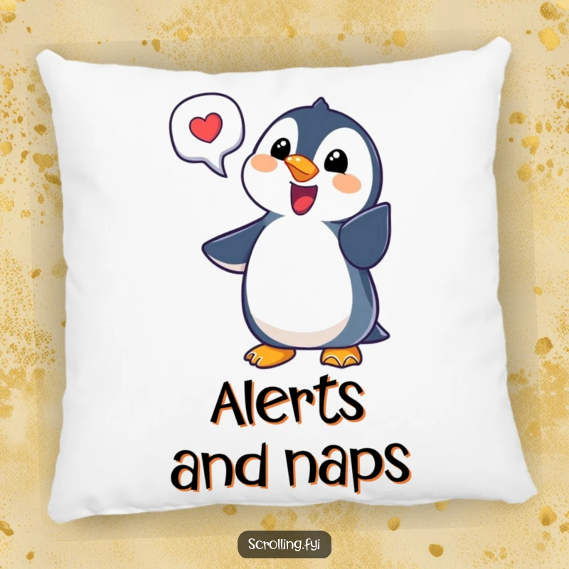 Funny penguin notification pillow with a delighted penguin pointing at a bubble, perfect for comfort and as a funny gift.