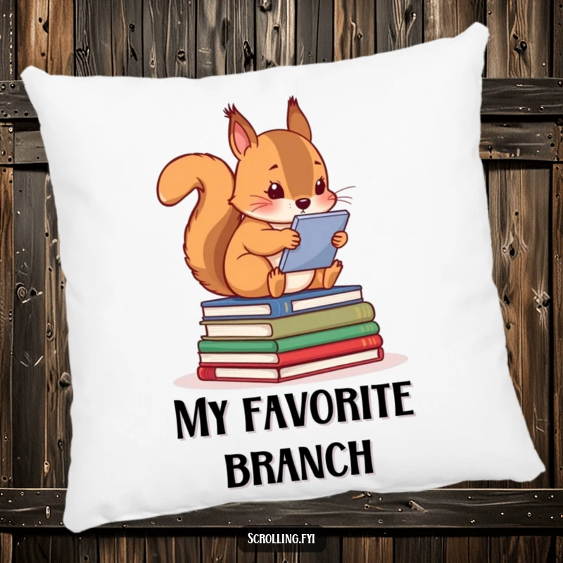 Funny squirrel focused on a screen, resting on books, a soft and humorous pillow for tech enthusiasts.