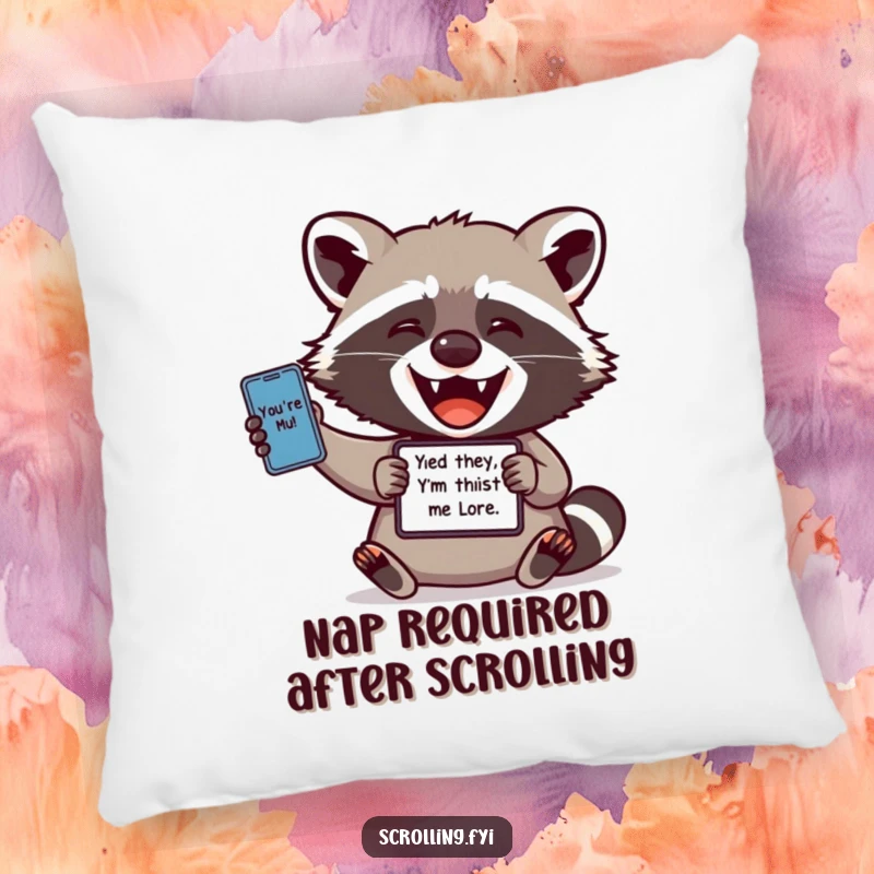 Funny pillow: A delighted raccoon rests comfortably, sharing a funny meme from its device, bringing cozy internet humor to any room.