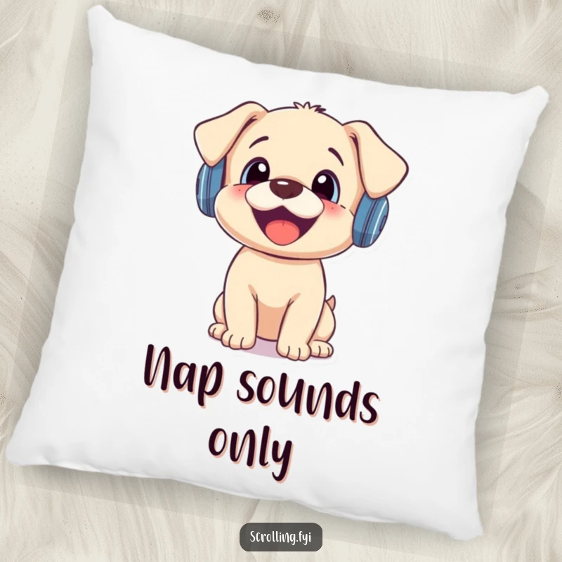Funny pillow illustration of a happy puppy wearing headphones, comically surprised by a smartphone alert.