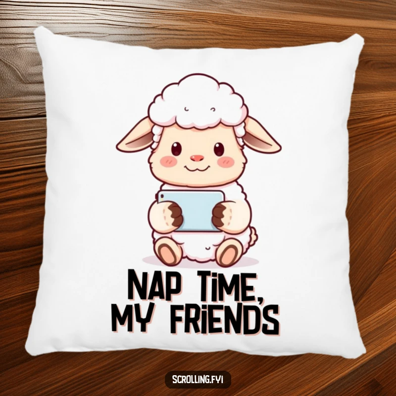 Funny sheep pillow with a content sheep holding a phone horizontally, watching a video serenely.