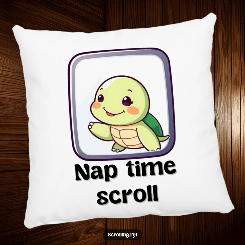 Funny Turtle Swiping Display Pillow: A soft cushion featuring a smiling turtle slowly swiping on a digital screen, providing comfort and a dash of humor.