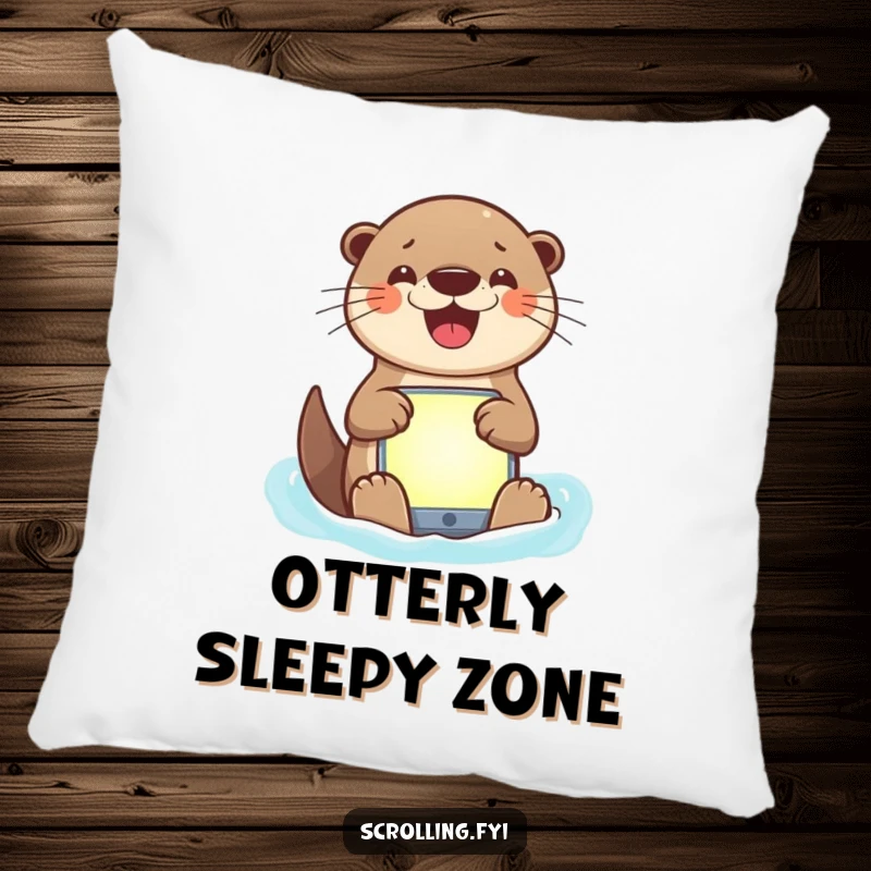 Funny pillow with a cheerful otter actively using a glowing app, representing a humorous and relaxed vibe.