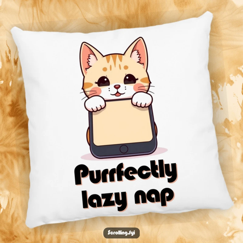 Funny cat pillow featuring a cat peeking over a large smartphone screen, ideal for cozy tech decor.