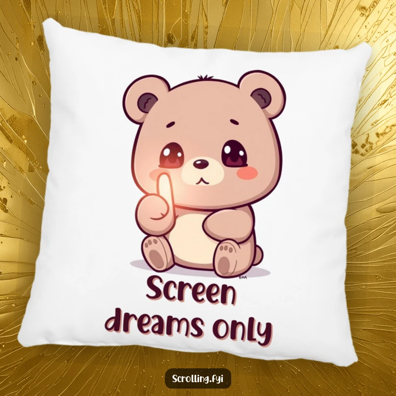 Funny pillow showcasing a small bear with captivated eyes on a glowing phone screen, thumb mid-swipe, humorously portraying addiction.