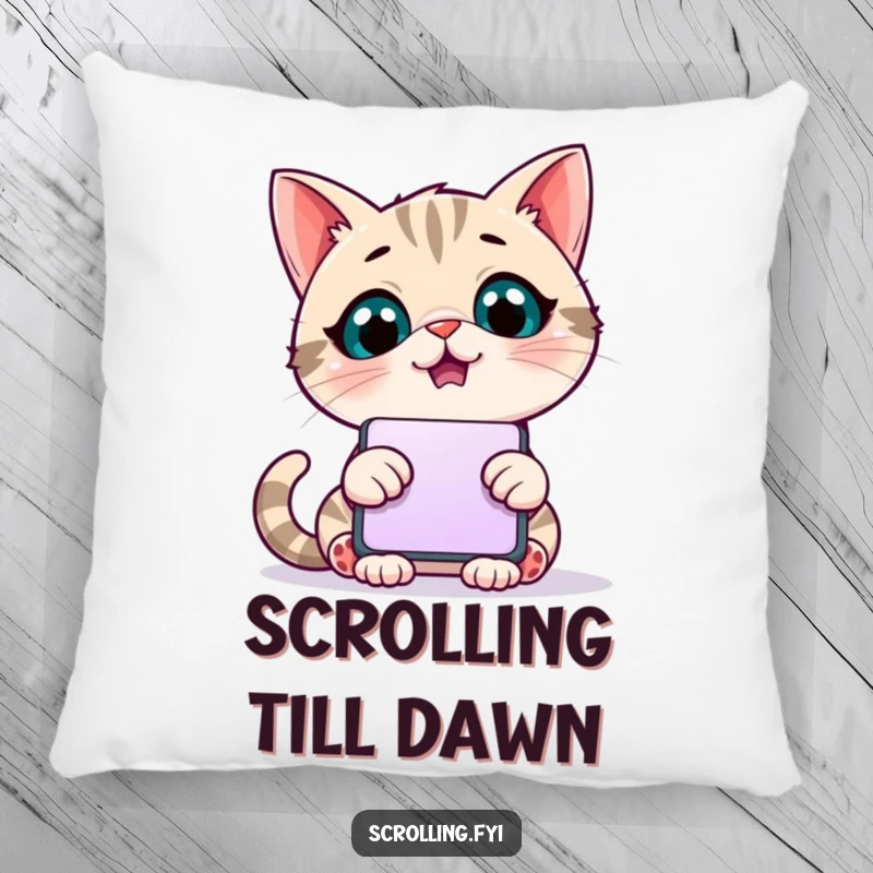 Funny pillow featuring a giggling cat mesmerized by a giant scrolling phone screen, perfect for cozying up.