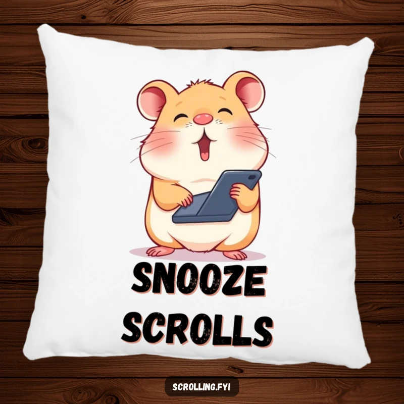 Funny pillow illustration of a silly hamster balancing a smartphone on its nose while scrolling rapidly.