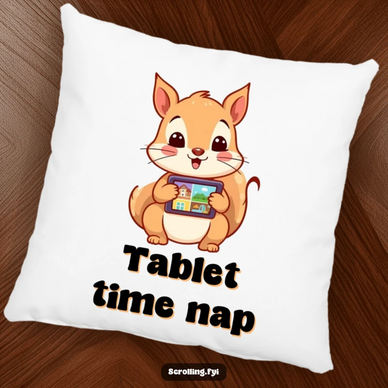 Funny pillow featuring an excited squirrel energetically swiping through images on a tablet. Perfect for adding tech flair and comfort.