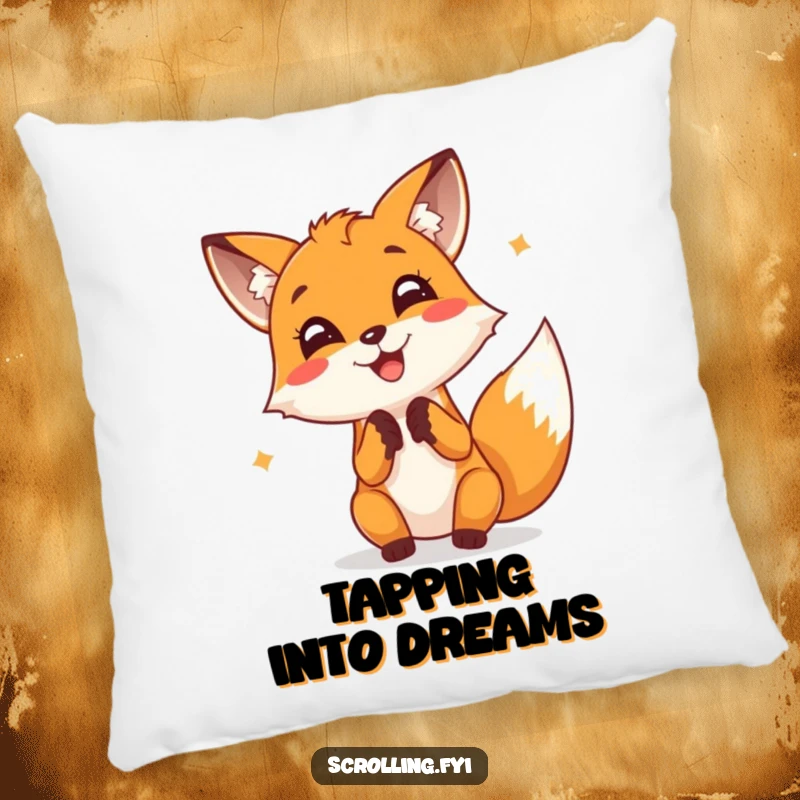 Funny Fox Pillow: A cheerful fox taps furiously on a screen, bringing a cozy, humorous touch to any room.