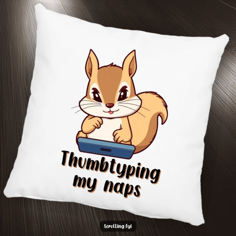 Funny Squirrel Pillow: Soft pillow showcasing a determined squirrel intensely focused on a device, thumbs flying, perfect gaming comfort.