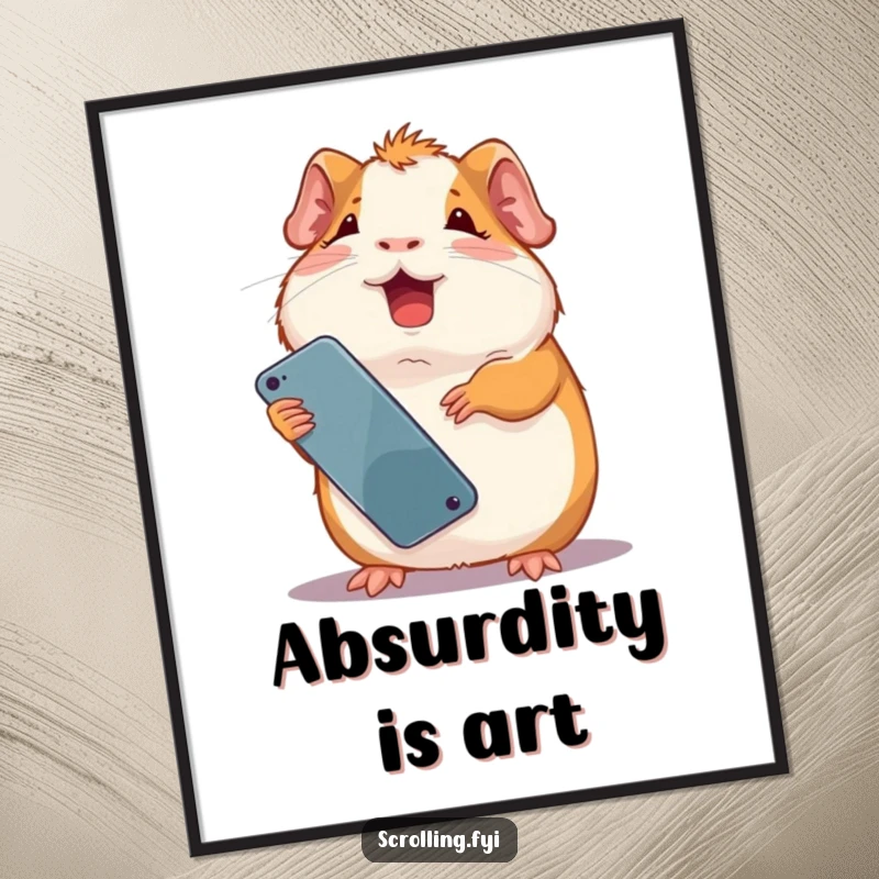 Funny giggling guinea pig holding a smartphone upside down, looking utterly amused. High-quality funny digital art.