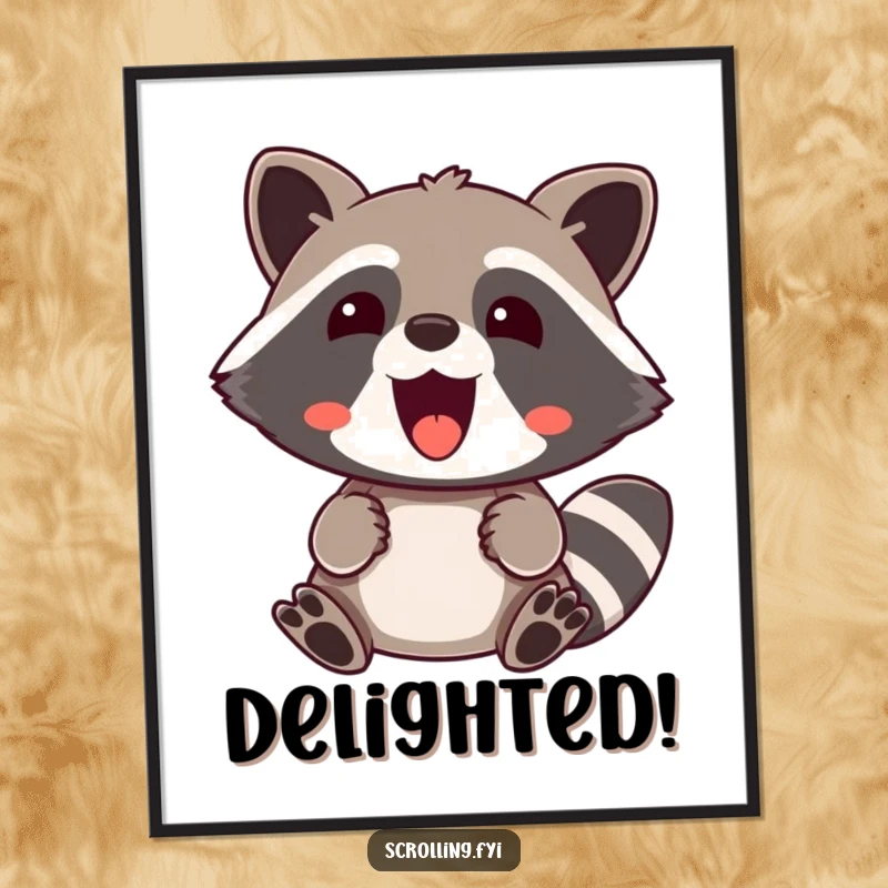 Funny Digital Art: A jovial raccoon’s expressive face shows pure, shocked delight, perfect for immediate enjoyment.
