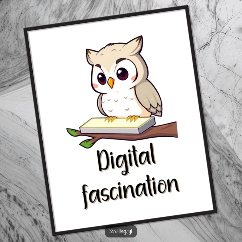 Funny Owl Digital Art: A curious owl tapping a glowing rectangle, a humorous and downloadable artwork for tech lovers.