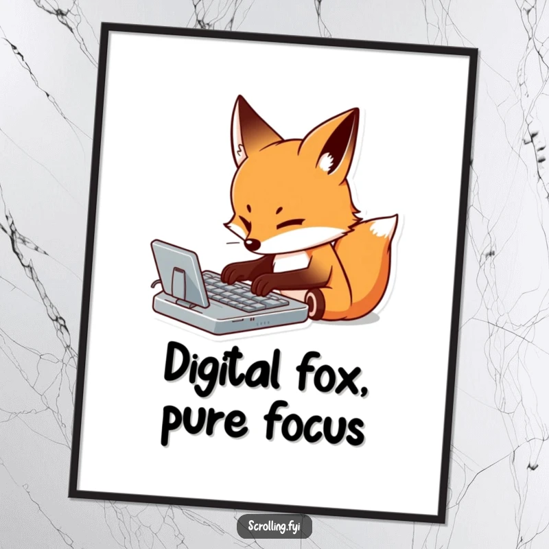Funny digital art of a determined fox meticulously typing on a virtual keyboard with focus, perfect for printable work decor.