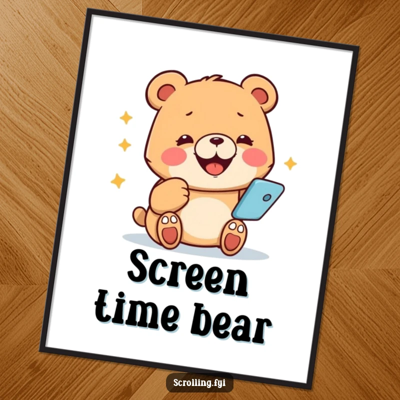 Funny bear digital art print, beaming while glued to a smartphone, capturing tech's allure.