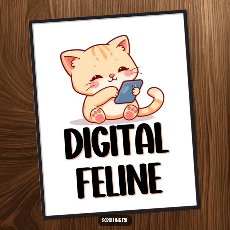 Funny digital art print of a cute cat holding a smartphone and swiping down the screen, conveying modern tech life humorously.