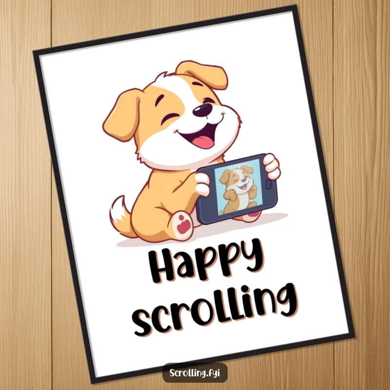 Funny dog digital art print of a joyful dog completely captivated by a video on a mobile device.