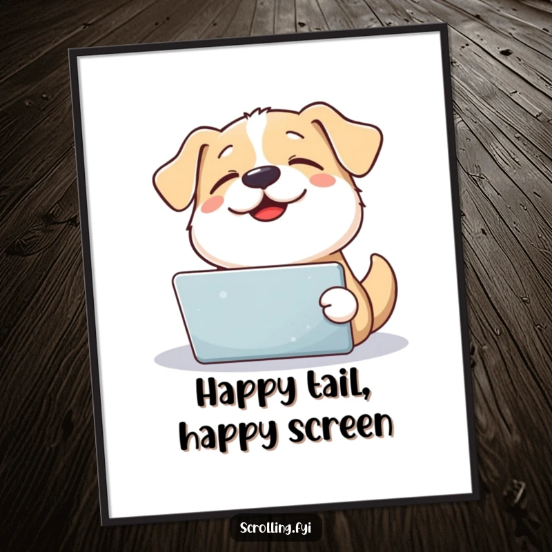 Funny contented dog looks up from a tablet with a happy sigh, vibrant digital art for pet lovers.
