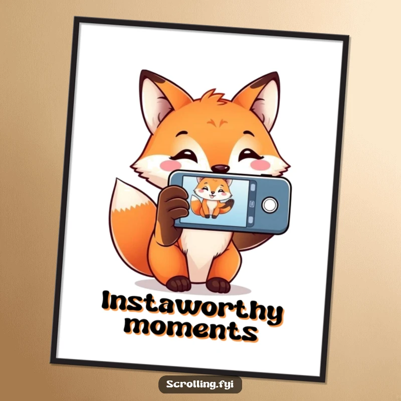Funny Fox Digital Art Print of a smiling fox holding a smartphone to capture a moment, celebrating the joy of photography.