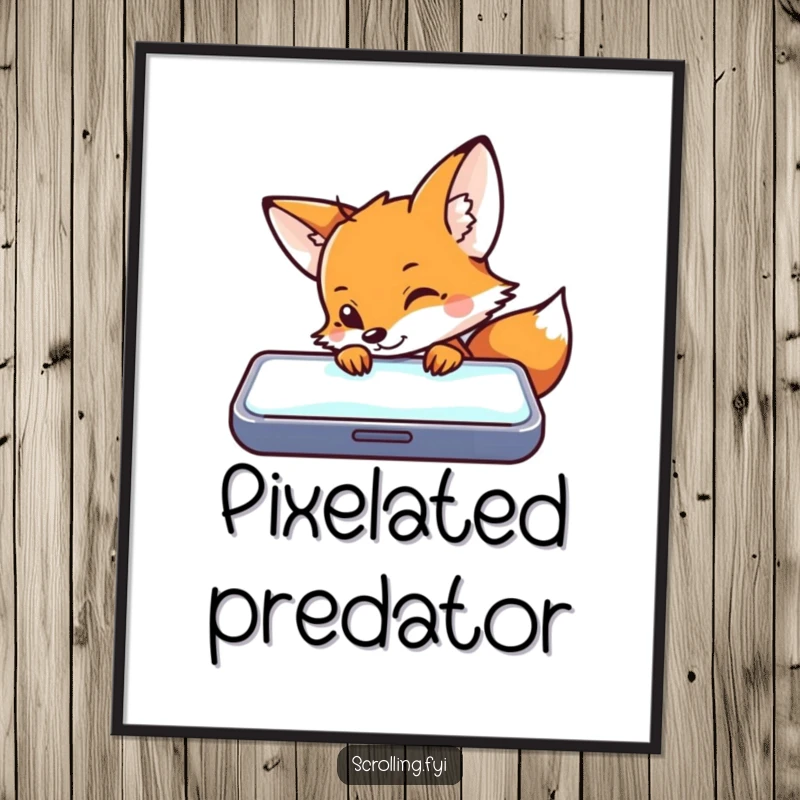 Funny digital art print of a curious fox peering intently at a luminous smartphone screen, a tech-savvy illustration.