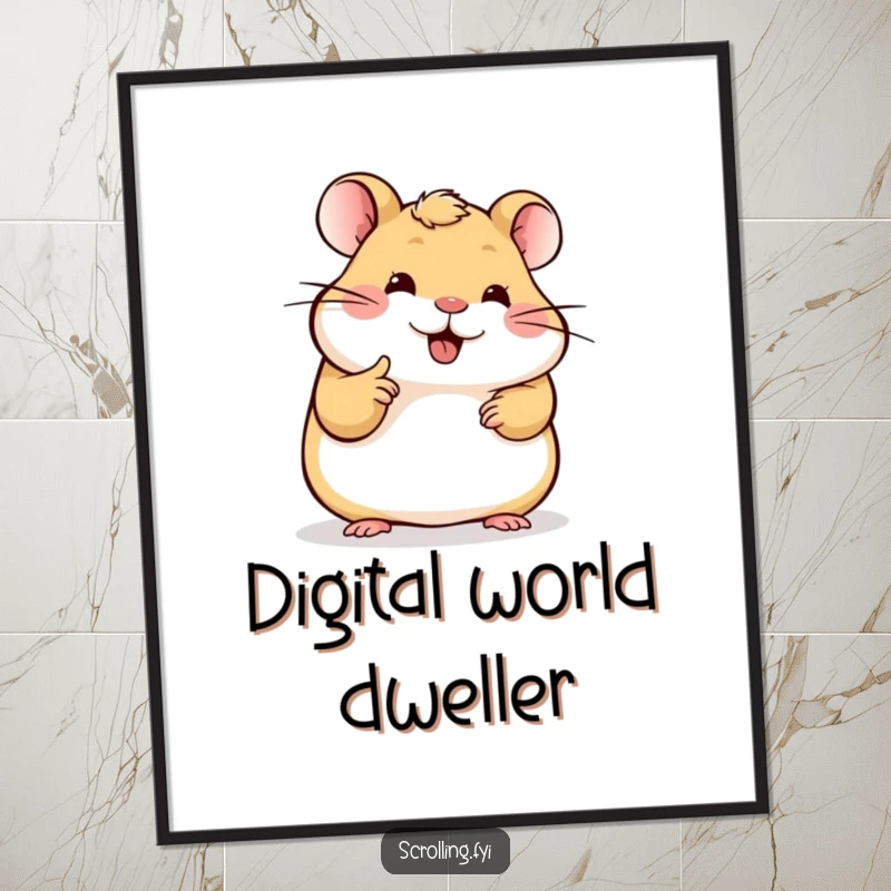 Funny Hamster Digital Art: High-resolution printable of a happy hamster with one finger scrolling on a brightly lit device, tech humor.