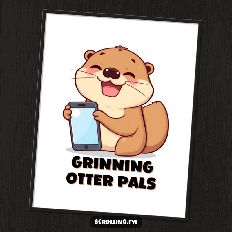 Funny digital art of cheerful otters excitedly sharing a phone screen, illustrating friendship and shared excitement.