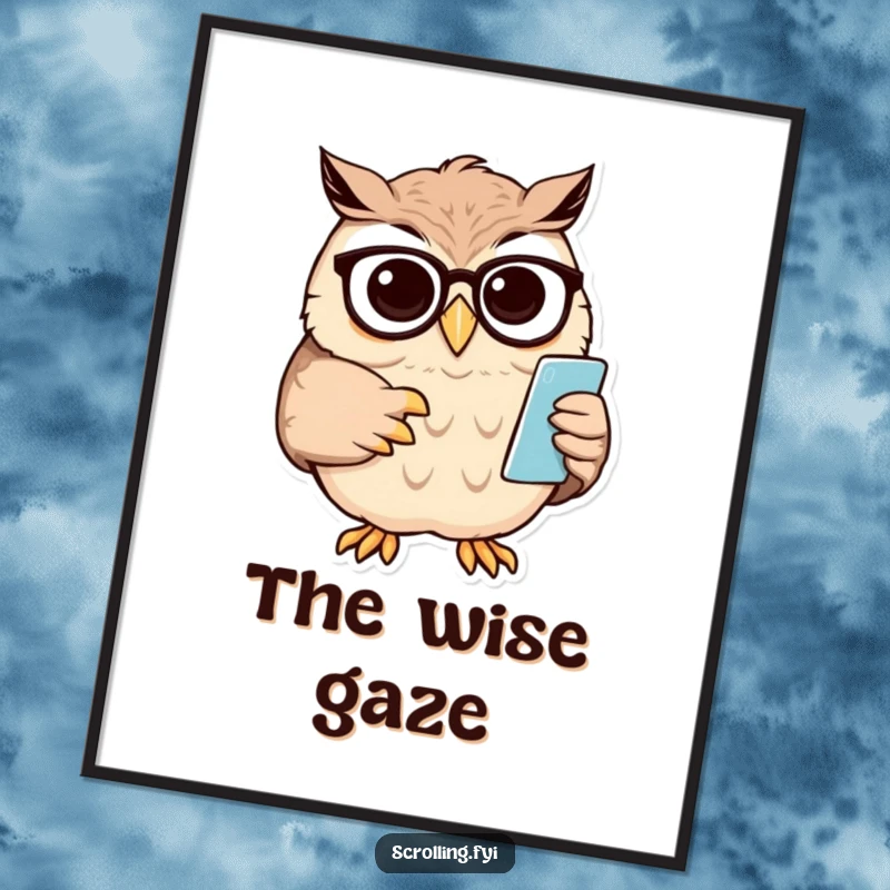 Funny owl digital art print of a wise owl squinting at a small phone screen, adjusting its spectacles.