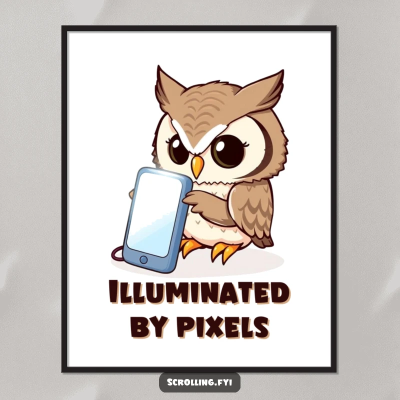 Funny owl digital art print, curiously peering intently at a bright, illuminated phone screen, perfect for smart decor.