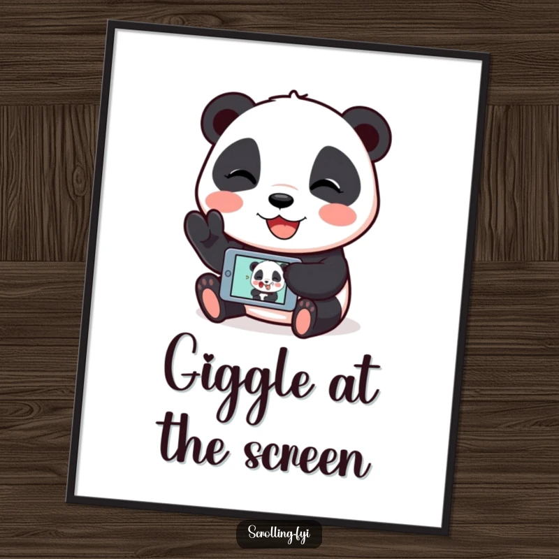 Funny digital art print of a giggling panda showing a humorous image on its mobile device, perfect for meme decor.