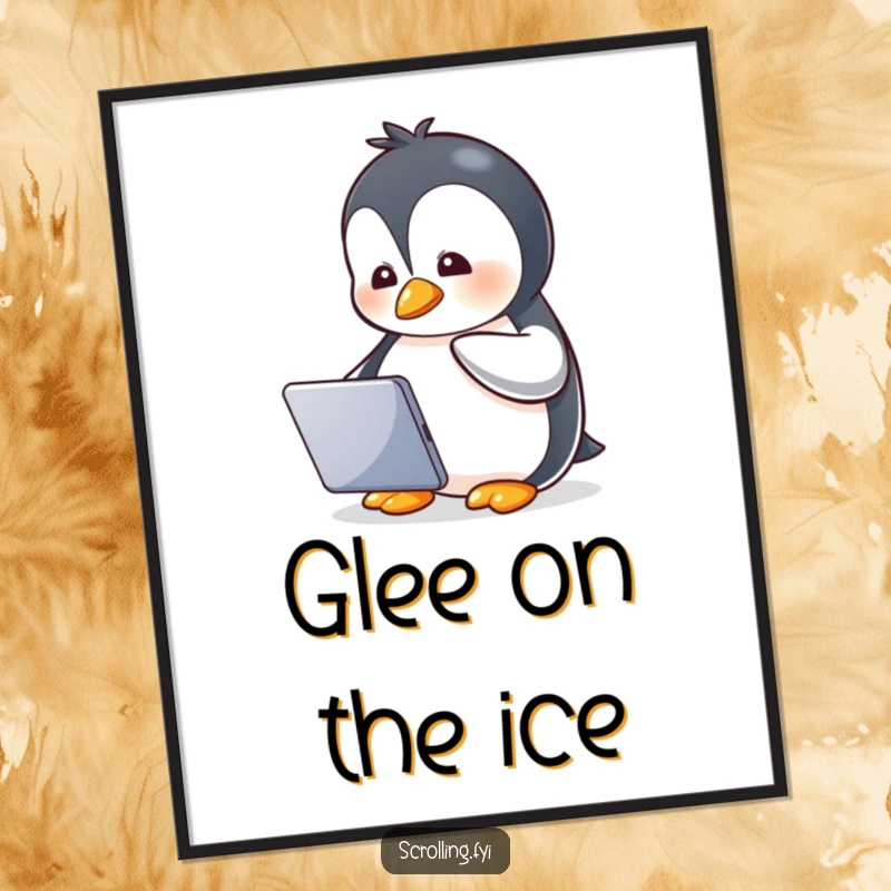 Funny digital art print of a gleeful penguin intently watching a tablet, depicting delightful and humorous screen engagement.