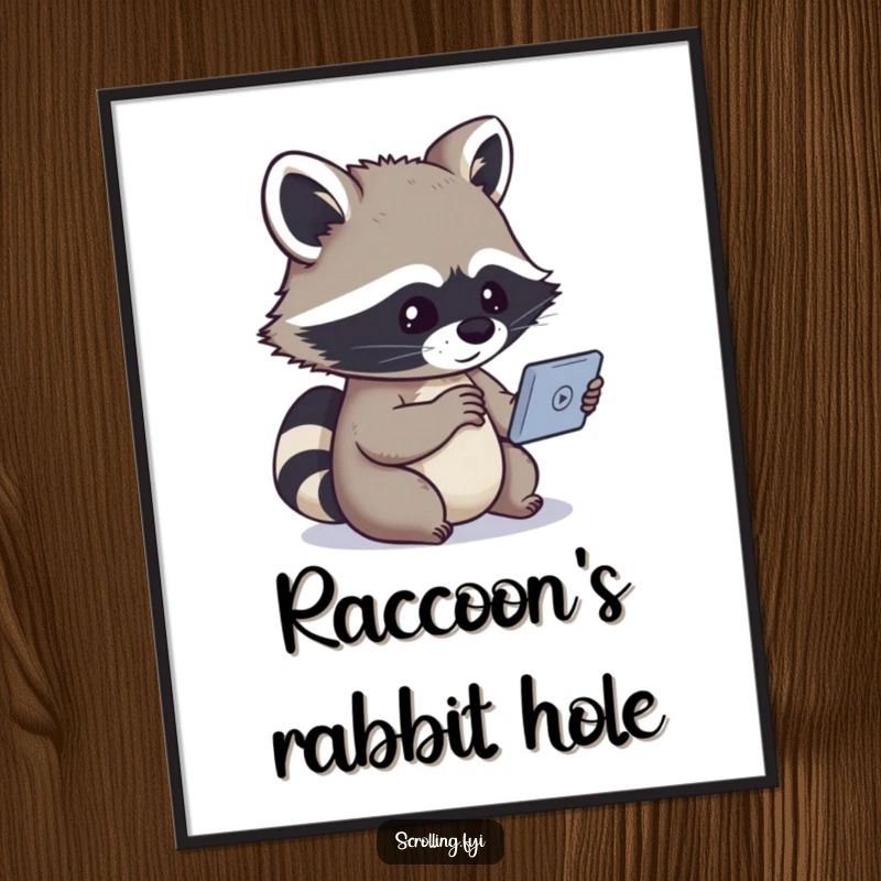 Funny digital art print of a curious raccoon intently watching a small screen, depicting digital fascination.