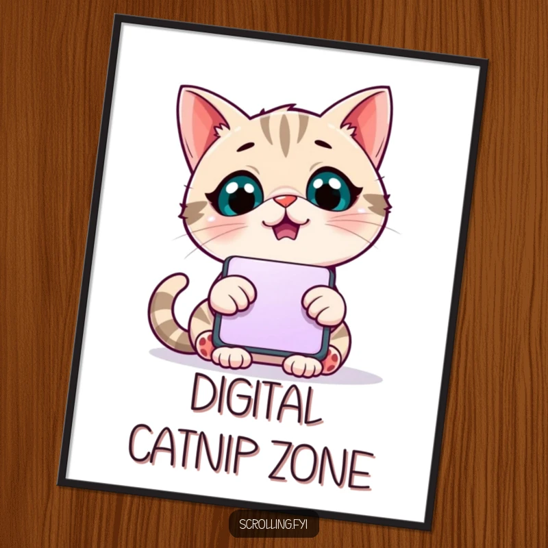 Funny digital art print of a giggling cat with wide eyes, captivated by a giant scrolling phone screen.