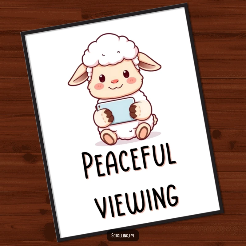 Funny sheep digital art print of a content sheep holding a phone horizontally, watching a video serenely.