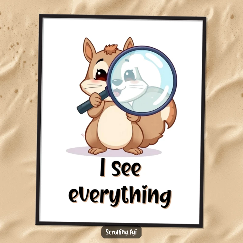Funny digital art print of a cheerful squirrel holding a magnifying glass over a screen, a detailed funny gift.