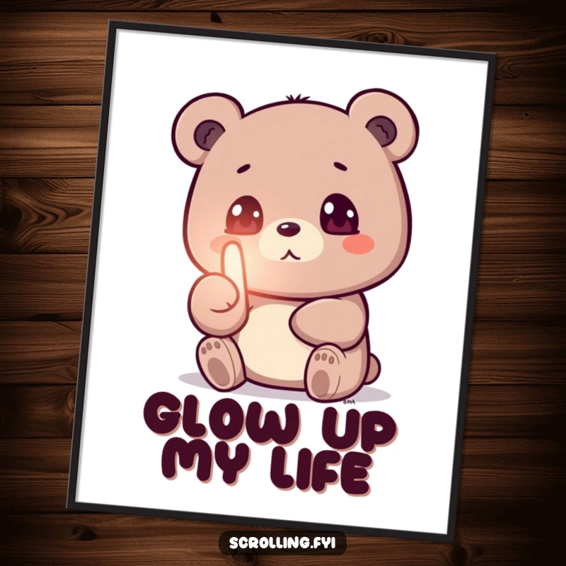 Funny digital art of a small bear captivated by a glowing phone screen, thumb swiping, humorous representation of digital age.