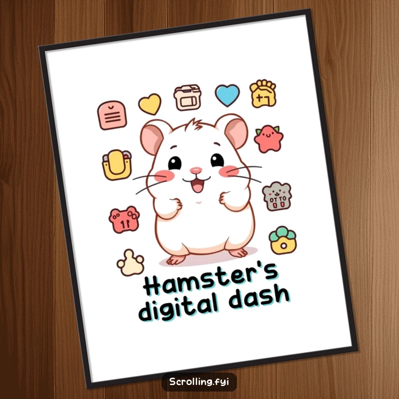 Funny digital art print of a happy hamster clicking various icons, depicting energetic and humorous action.