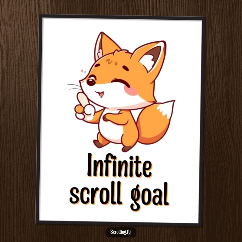 Funny digital art print of a happy fox character scrolling swiftly with its thumb, ready to hang, a funny gift.