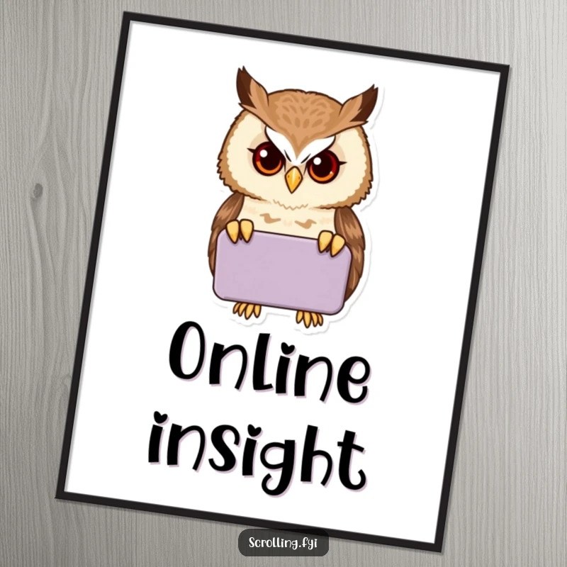 Funny proud owl peering intently into a handheld device, available as a high-quality digital art print.