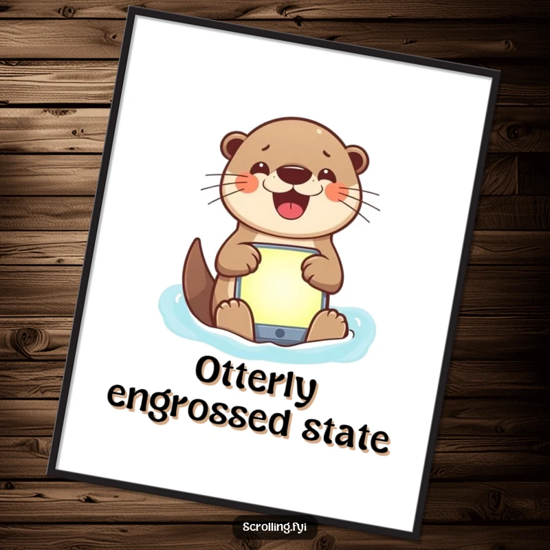Funny digital art print of a smiling otter engaged with a bright app interface, depicting digital fun.