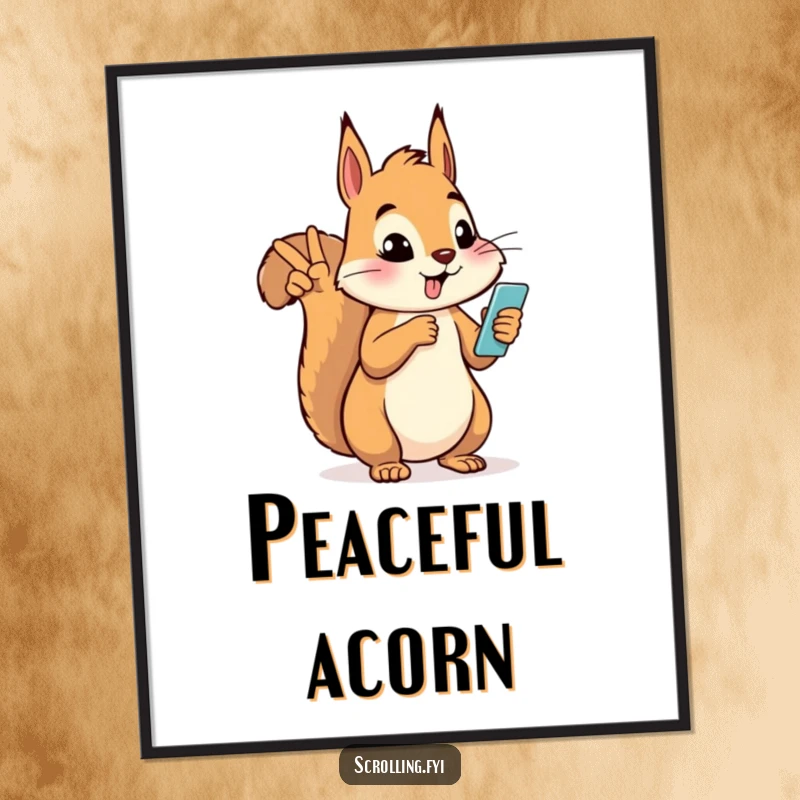 Funny silly squirrel giving a peace sign while looking at a phone, available as a high-quality digital art print.