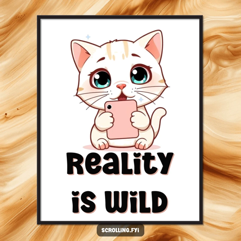 Funny Cat Digital Art Print: A surprised cat with wide, amazed eyes viewing a phone screen, adding humor to any decor, gift.