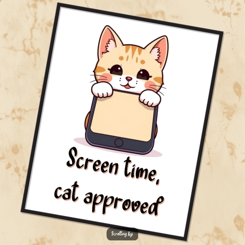 Funny cat digital art print showing a cat peeking over a huge smartphone screen, ideal for instant wall decor.