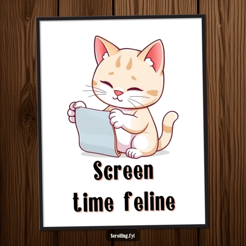 Funny cat digital art print, engrossed in scrolling with paw out, capturing internet-loving cats.