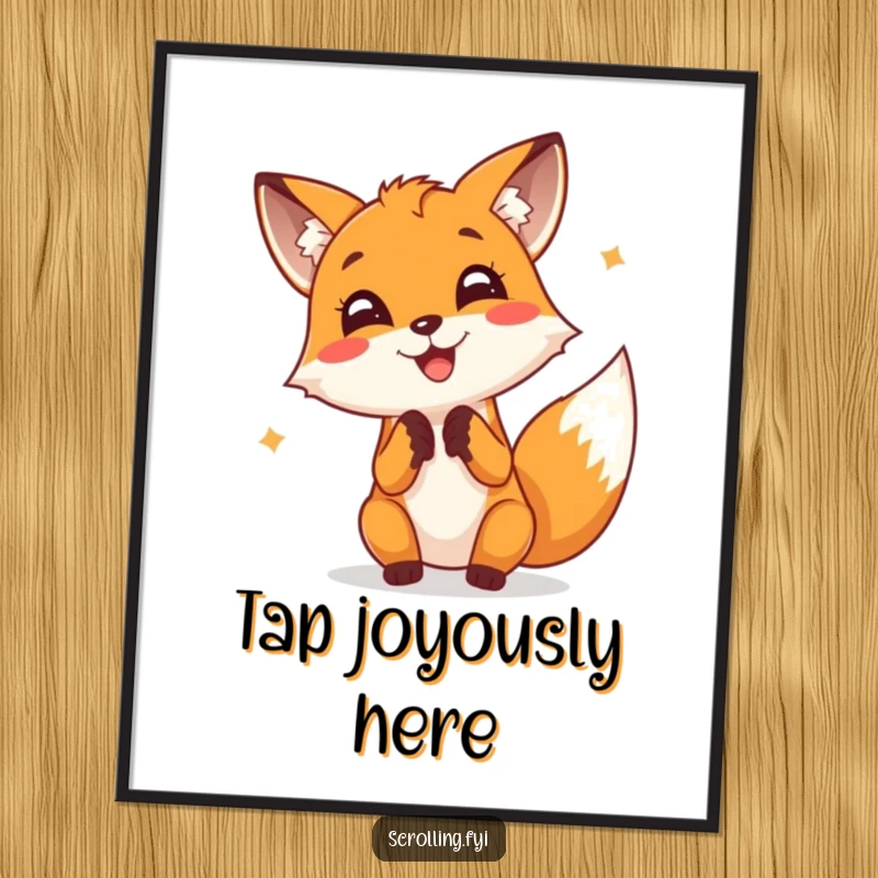 Funny Fox Digital Art Print: A cheerful fox taps furiously on a screen with joy, perfect for dynamic workspace decor.