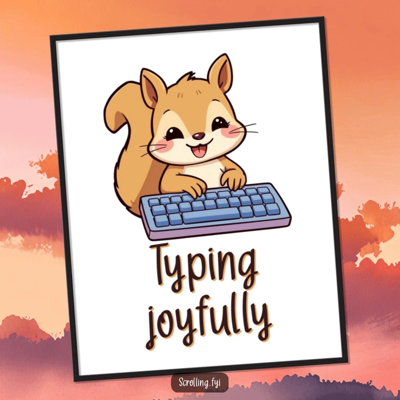 Funny Squirrel Digital Art Print of a smiling squirrel happily typing a message on a keyboard, instantly downloadable.