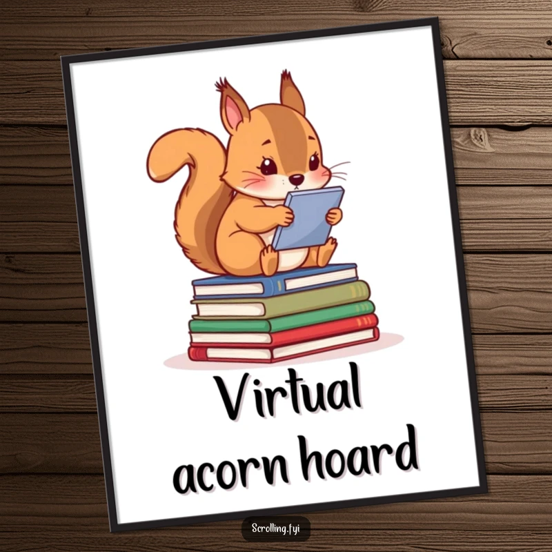 Funny squirrel sits on books, mesmerized by a screen, high-resolution digital art for wall decor.