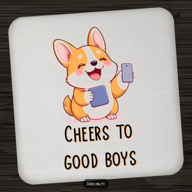 Funny coasters with a joyful corgi holding a phone, highlighting a humorous and protective accessory.